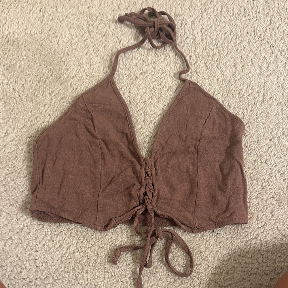 La Hearts Brown Lace-Up Halter Crop Top